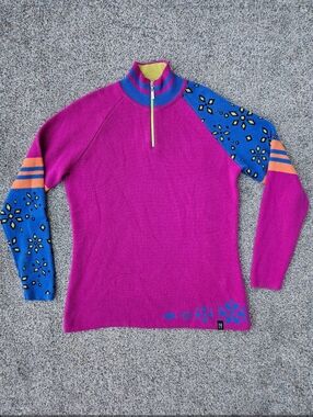 NEVE Ski Sweater Colorful 1/4 Zip Wool Blend Fair Isle Nordic Ski Shirt Large